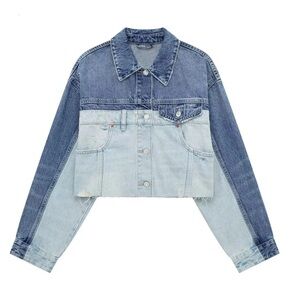 Zara Two-Tone Blue Cropped Denim Jacket
